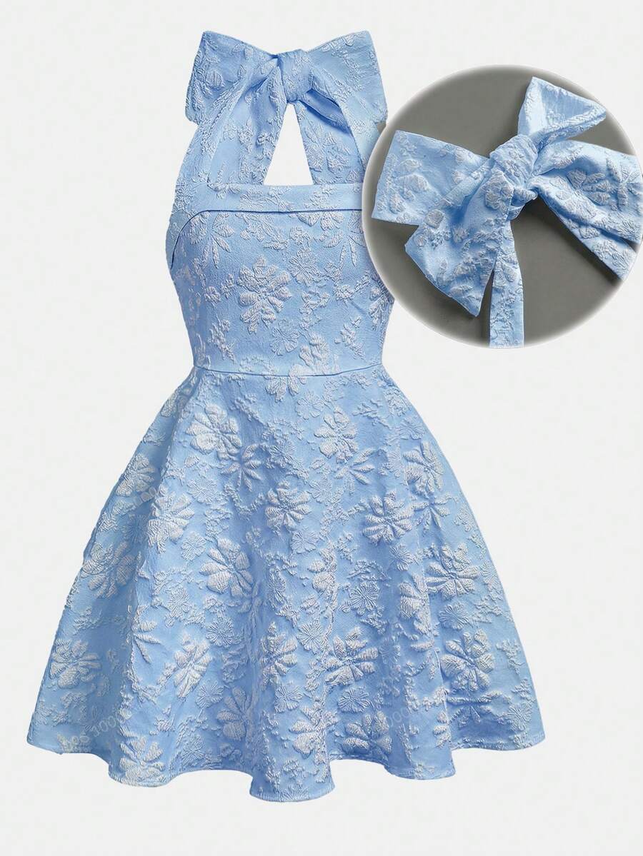 Girlism Tween Girls Blue Jacquard Halter Bow Elegant Dress - Blue - View 1
