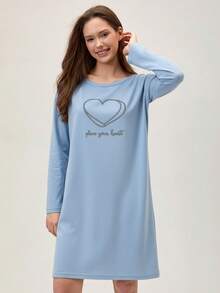 Loomlin Women Cotton Blue Grey HeartLettered Round Neck Printed Long Sleeve Pajama Dress Home House Sleeping Autumn Casual - Baby Blue - View 4