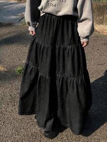 FRIFUL Women's Elastic Waist Pleated Casual Versatile Daily Wear Denim Skirt - Black - View 5