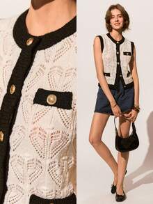 Poéselle Blusa sin mangas de punto con estilo francés minimalista y personalizado, de corte holgado y con calado, para mujer, primavera/verano - Blanco y Negro - Ver 2