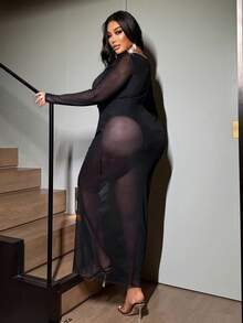 NU&NOW Plus Size Women Mesh Sexy Date Party Dress - Black - View 3