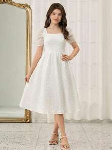 SHEIN Pitira Teen Girl's White Elegant Square Neck Gigot Sleeve Princess Dress With Ruffle Hem, Suitable For Weddings, Parties, Birthdays, Gatherings, White Dress For Women, White Elegant Dress, Puff Sleeve Dress,Kids - White - View 4