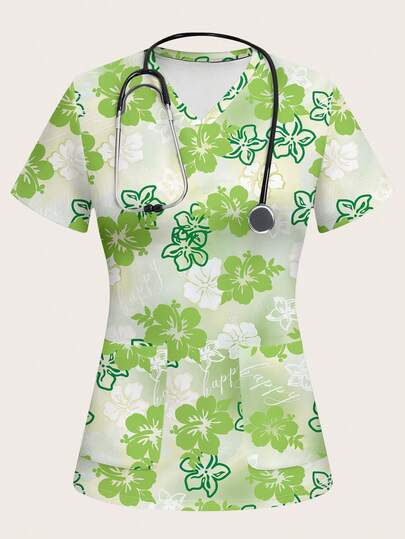 PopScrub Women's Floral Print V-Neck Short Sleeve Pocket Scrub Top St Patrick's Day Summer For Women Green Top Graphic Tee