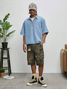 GALLERY FADE Loose Collar Open Slit Striped Short Sleeve Polo Casual Versatile - Light Wash - View 6