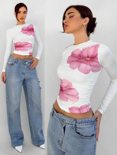 Aloruh 优雅女士花卉印花圆领长袖百搭秋冬内衣