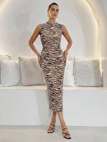 Lavishia Women's Sleeveless Midi Dress, Fashionable Zebra Print, Spring/Summer - Multicolor - View 4