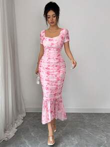 Elenzga 女士优雅印花荷叶边中长连衣裙，夏季 - 粉色 - 查看 8