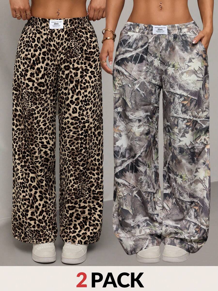 SHEIN PETITE Women's Woven Leopard Print Wide Leg Casual Pants - Multicolor - View 1