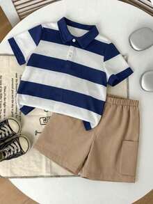 SHEIN 2 peças/Conjunto Shorts Cargo Listrada Azul e Branca para Meninos Pequenos, Conjunto de Camisa Polo de Manga Curta, Uso Casual Diário, Adequado para Passeios, Ao Ar Livre, Festivais, Férias na Praia, Primavera/Verão - Multicolorido - Visão 4
