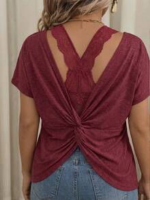 SHEIN VCAY Áo thun ngắn tay cổ tròn, lưng chéo, màu trơn, cỡ lớn dành cho nữ, kiểu dáng thường ngày, đa năng. - Gỗ đỏ - Xem 2