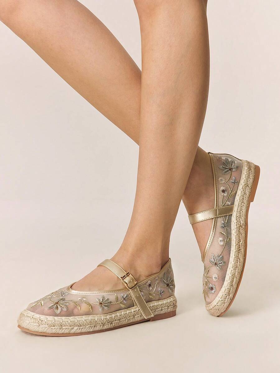 Styleloop Women's Flower Embroidered Buckle Design Fashionable Flat Casual Shoes, Bohemian Style, A Must For Travel, Summer Wear, Holiday Atmosphere - Gold - View 1