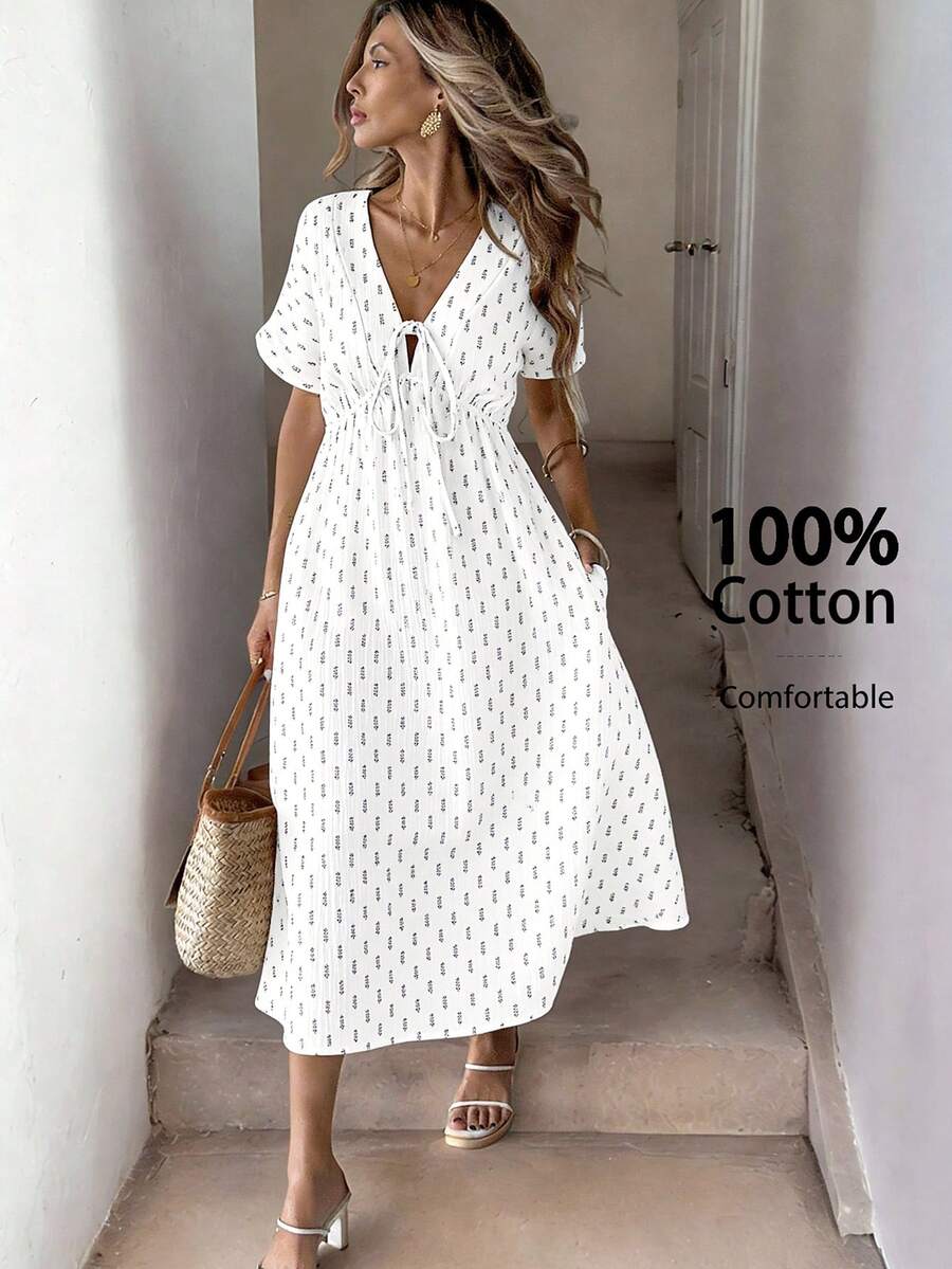 SHEIN LUNE Plus Size Women's V-Neck Bow Tie Short Sleeve Floral Print Fashion Dress Black And White Summer Cottage Core Boho Beach Vacation - White - View 1