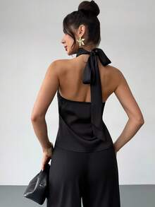 Firerie 女士优雅简约时尚通勤休闲都市风新款绉纱不规则领无袖露背修身黑色衬衫上衣，春夏款 - 黑色 - 查看 5