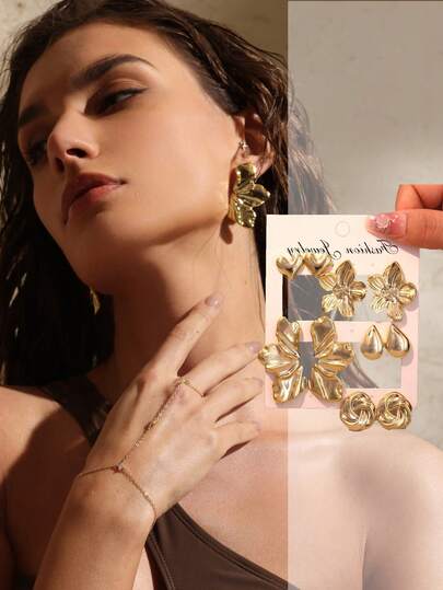 Swim Chiccia 1/5对时尚金色光滑五瓣花、叶子、水滴、圆形缠绕、心形耳钉套装，适合女性日常佩戴，是送给朋友和家人的最佳礼物（轻质ABS塑料材质）