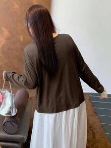 Dazy Plus Color Block Bow Decor 2 In 1 Fashion Long Sleeve T-Shirt For Plus Size Women - Brown - View 2