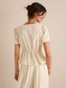 Easelle Floral Embroidery Puff Sleeve Casual Vacation Shirt Beige Shirt Embroidered Top Puff Sleeve - Apricot - View 2