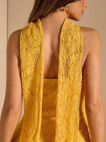 SHEIN BAE Solid Yellow V-Neck A-Line Mini Dress, Yellow Dress, Lace Dress, Elegant Dress, Vacation Dress, Bridesmaid Mini Dress, Birthday Party Dress, Back To School/Graduation Dress - Yellow - View 7