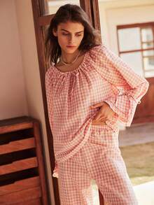 波西米亚休闲清新浪漫度假格子灯笼袖宽松女式睡衣套装 - 粉色 - 查看 4