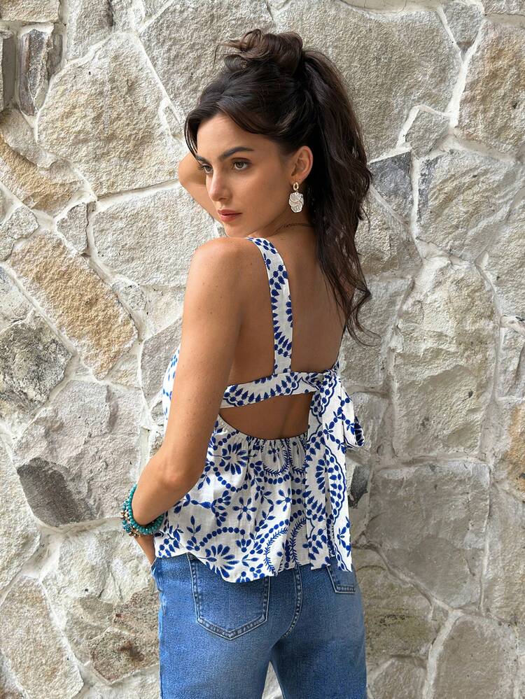 Serisse 新款夏季蓝白条纹系带蝴蝶结女式衬衫 - 藍色 - 查看 2