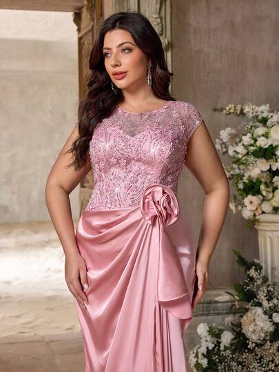 Aureia Đầm dạ hội cỡ lớn thanh lịch, lãng mạn màu hồng, cổ tròn, tay phồng, chất liệu chiffon thêu 3D tinh tế, đính sequin và phối nhiều lớp, xếp ly eo, dáng đuôi cá, thích hợp cho đám cưới, tiệc tùng, lễ kỷ niệm, sự kiện trang trọng, đầm dạ hội sang trọng (thiết kế tinh xảo).