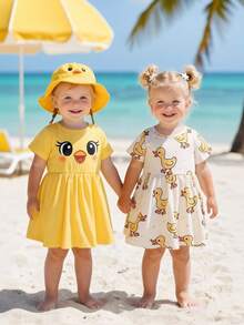 Playful Pals 2pcs/Set Baby GirlCute Duck & Chick Print Short Sleeve A-Line Dress, Suitable For Spring/Summer Outings, Photoshoots Or Everyday Wear - Multicolor - View 3