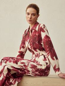 MOTF PREMIUM LINEN MINIMALIST FLORAL PRINT FITTED SHIRT, SPRING/SUMMER - Burgundy - View 7