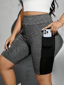 SHEIN Essnce Quần short nữ cỡ lớn thời trang xuân hè, chất liệu co giãn cao, thoải mái, cơ bản, đa năng, màu đen, kiểu quần biker có túi, quần nữ, trang phục đường phố, quần short ôm dáng, quần áo đi chơi, trang phục Y2K, quần jogger. - Xám - Xem 7