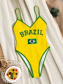 Swim SXY 2026 New Spring/Summer Women One-Piece Printed National Flag Spaghetti Strap Backless Beach Vacation Casual Swimsuit - Green - View 3