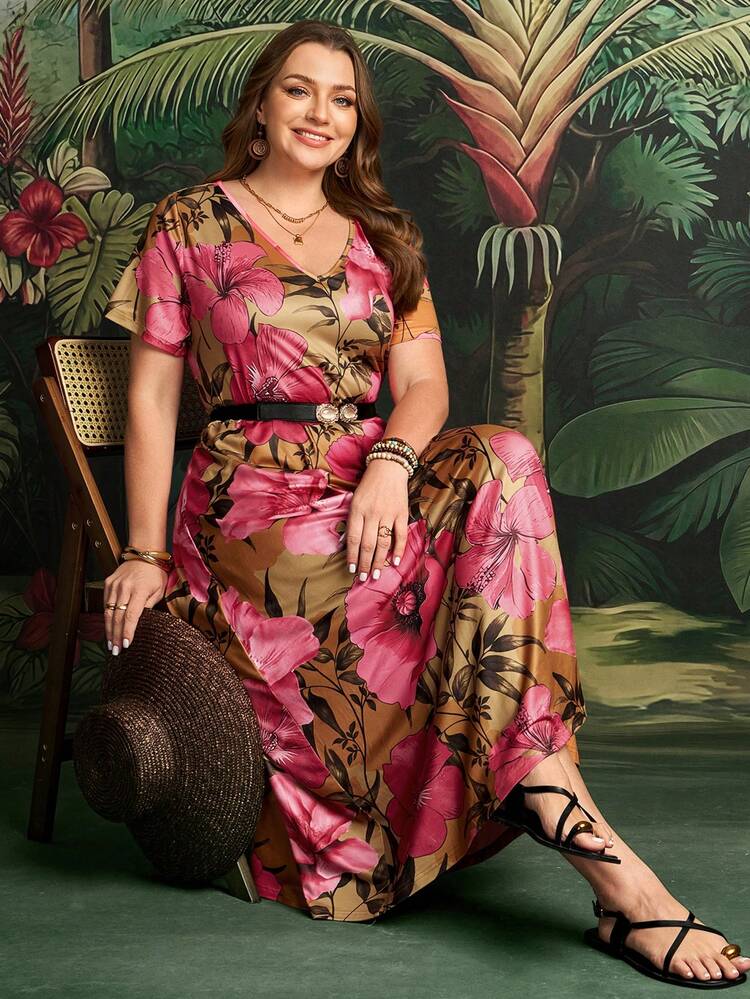 Plus Size Women's Summer Vacation Floral Print V-Neck Short Sleeve Dress, Belt Not Included Summer Outfits Beach Vacation Outfits For Women Floral Dress BOHO Clothes Women's Summer Dresses Tropical Vacation Outfits For Women Women's Summer Outfits Women Casual Dresses Women Holiday Dress Summer Outfits For Women Beach Outfit For Women Casual Vacation Outfits Women Country Concert Outfit Peplum