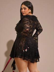 SHEIN BAE Plus-Size Black Autumn Elegant Formal Evening Night Out Club Lace-Trimmed Deep V-Neck Tie-Waist Long-Sleeved Mini Dress,Women's Cocktail Party Outfit - Black - View 2
