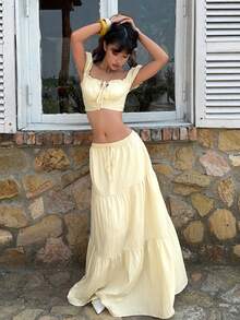 MainGRL Elegant Women's Cream Two Piece Outfit, Off Shoulder Ruched Crop Top & Flowy Tiered Maxi Skirt Set, Ideal For Beach Vacation, Tropical Getaways, Date Nights, Brunch, Cocktail Parties, Wedding Guest Attire & Picnics, Coastal Boho Style 2026 Spring/Summer - Light Yellow - View 5