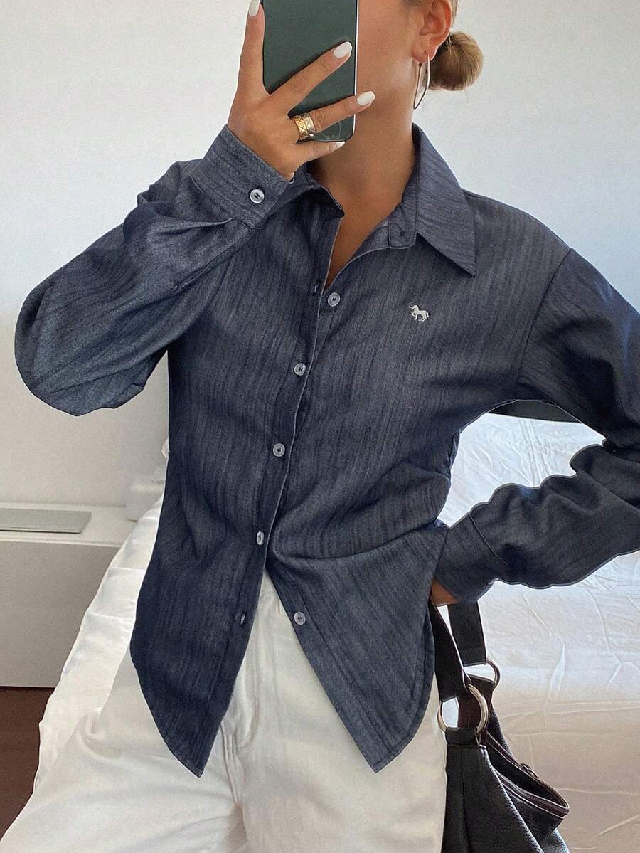 DAZY 女款純色修身腰長袖休閒優雅夏季襯衫校園風 - 藍色 - 查看 1
