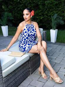 Melissa Matos Vacation Casual All-Over Print Halter Mini Dress Blue White Dress Blue Beach Dress Resort Wear Mediterranean Style Clothes Halter Neck Dress Blue And White Dress Mediterranean Dress, Mediterranean Style Dress,Casual Woman Style, Fall Outfits For Women, Chic Autumn,Going Out Outfit,Elegant Outfits,Country Style For Women,National Day, New Year Clothes, Going Out Outfit, Luxury Elegant Graduation Party - Blue and White - View 5