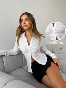 Aloruh Áo sơ mi trắng tay dài dáng ôm, cổ đứng, cài khuy đơn, dáng ôm, thiết kế mới cho nữ mặc đi làm/đi làm hàng ngày, dáng ôm, viền nhọn, ngực, mặc mùa thu/đông - trắng - Xem 7