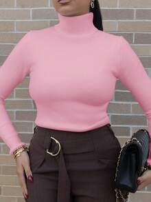 Melissa Matos 高领加厚保暖修身毛衣，保暖贴身打底衫，秋冬季针织套头衫 - 粉色 - 查看 3