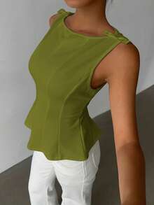 Aloruh 女士优雅简约无袖通勤衬衫 - 綠色 - 查看 7