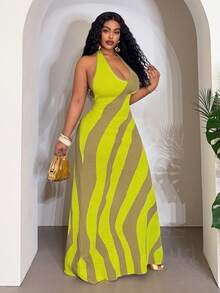 Slaydiva 2026 Early Spring Plus Size Women's Music Festival, Easter, Western, Nomadic, Birthday Party, Graduation, College, Student, Daily Wear, Basic Versatile, Casual, Vacation, Cruise Travel, Beach, Sunbathing, Viral, Streetwear, Wedding Guest, Commute, Brunch, Airport, Party, Holiday Outing, Elegant Gala, Ball, Relaxed, High-End Elegant Colorblock Halter Backless Maxi Fringe Knit Dress - Multicolor - View 5