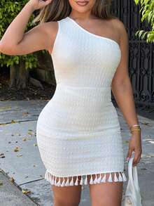 Maria Perezxox Summer Beach One Shoulder Tassel Trim Bodycon Dress,White Graduation Dress - White - View 4