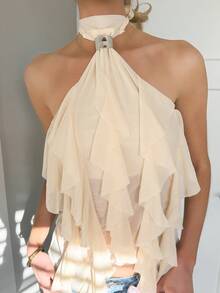 Sydney Algeri 女士优雅多层荷叶边立领修身背心 - 米色 - 查看 4