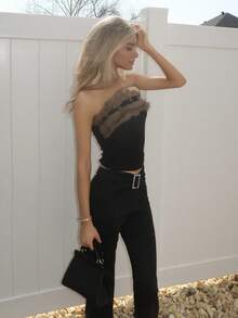 Sydney Algeri Y2K 性感动物印花带扣短款上衣，配人造毛领 - 黑色 - 查看 4