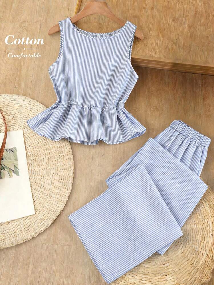 2pcs Women's Striped Ruffle Hem Sleeveless Shirt And Pants Set Summer Vacation Outfits Women