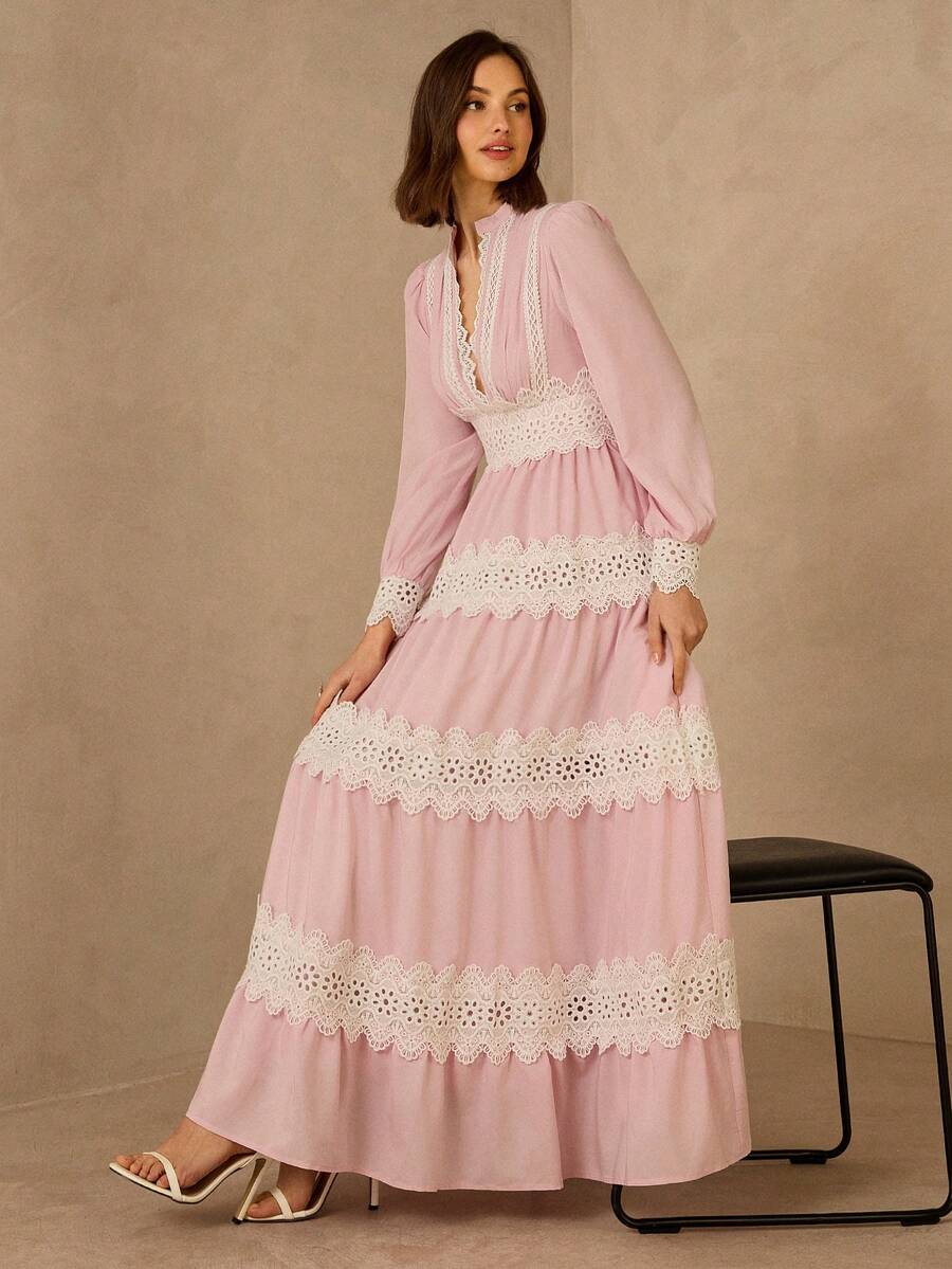 Enchnt Spring/Summer Romantic Women's Pink Floral Embroidery Lace Trim Long Sleeves Maxi Dress,Sweet&Elegant For Vacation&Date&Holiday&Going Out&Valentine's Day,Spring Outfit Women