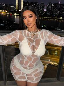 Swim SXY 2026 New Sexy Hollow-Out Long Sleeve Dress Cover-Up For Women - White - View 3