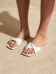 Swim Chiccia Summer New White Cute Flat Sandals Women, Fashion Casual Thong Slippers With Yellow Sole Square Toe - White - View 2