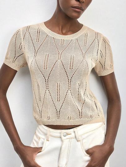 Maija Apricot Color Women's Knit Short Sleeve Hollow Out Diamond Pattern Floral Top Spring Summer Beach Hollow Design Knit Top Women Hollow Out Top Work