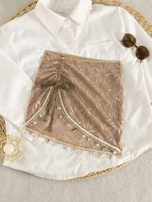 Swim Lushoire Rok Wanita Musim Panas untuk Liburan Pantai, Tali Serut, Hiasan Rumbai Motif Bintang Laut dan Cangkang, Warna Polos, Kain Tekstur Khusus, Belahan Bawah, Penutup Pakaian Renang - Khaki - View 3