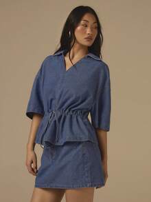 COSMINA V-Neck Puff Sleeve Top And Denim Skirt Set, Ruched Drawstring Waist Denim Blouse, Blue Denim Outfit, Women Summer Denim Set, Elegant Denim Suit - Blue - View 5