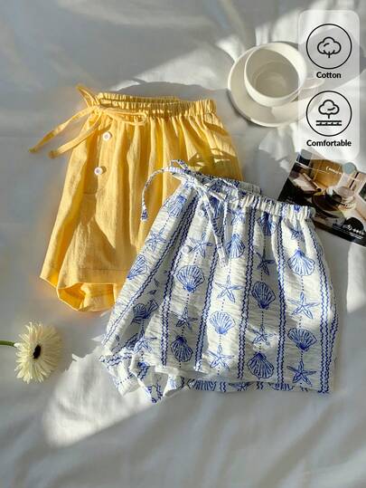 Comfortcana 2条装女士抽绳腰带休闲百搭日常短裤