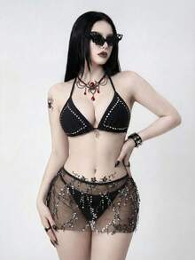 ROMWE Goth Women's Summer Beach Rivet Design Halter Tie Sexy Bikini Set With Sequin Cover-Up And Mini Skirt - Black - View 3
