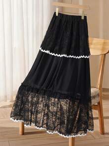 GlowEve Women's Elegant Contrast Lace Elastic Waist Skirt - Black - View 2